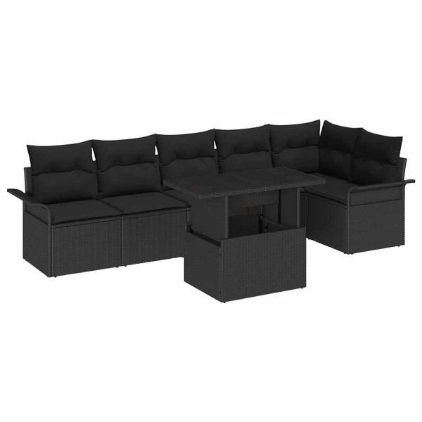 7-teiliges Garten Sofa Set mit Kissen Schwarz Poly Rattan