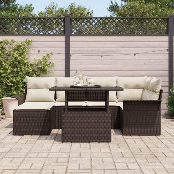 7-teiliges Garten Sofa Set mit Kissen Braun Poly Rattan