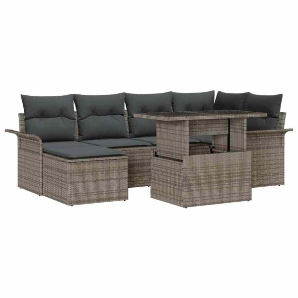 7-teiliges Garten Sofa Set mit Kissen Grau Poly Rattan