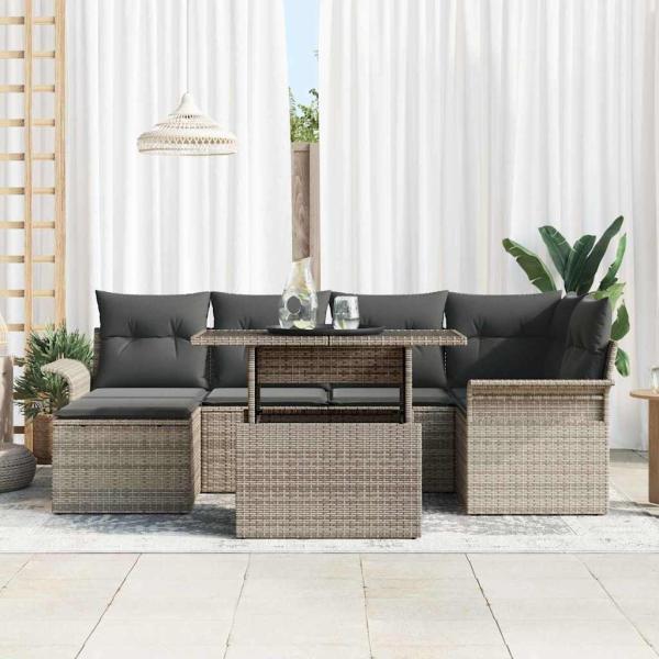 7-teiliges Garten Sofa Set mit Kissen Grau Poly Rattan