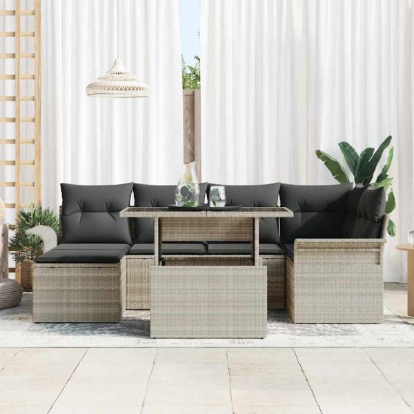 7-teiliges Garten-Sofa-Set mit Kissen in Hellgrau aus Poly-Rattan