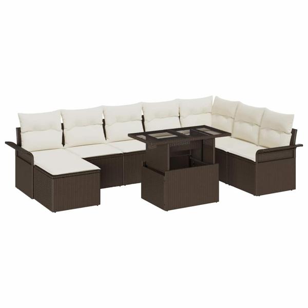9-teiliges Garten Sofaset mit Kissen Braun Poly Rattan