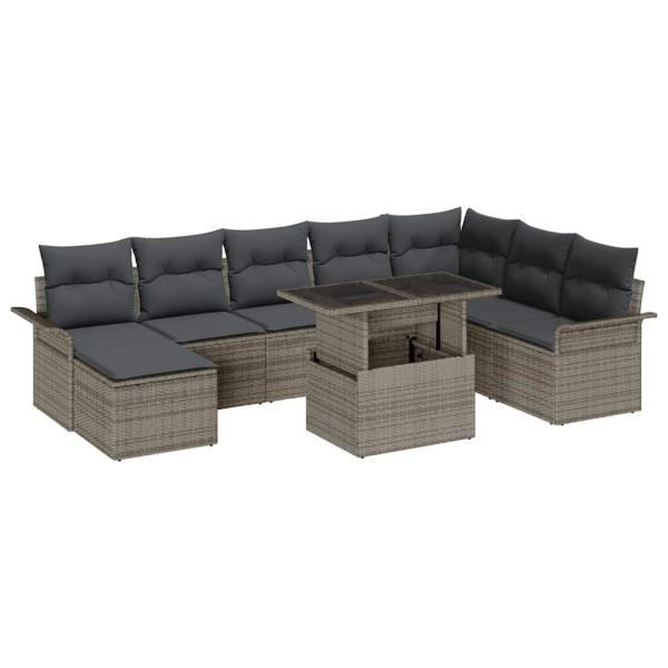 9-teiliges Garten Sofa Set mit Kissen Grau Poly Rattan