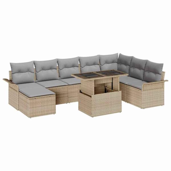 9-teiliges Garten Sofa Set mit Kissen Beige Poly Rattan