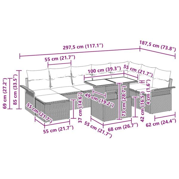 9-teiliges Garten Sofa Set mit Kissen Beige Poly Rattan