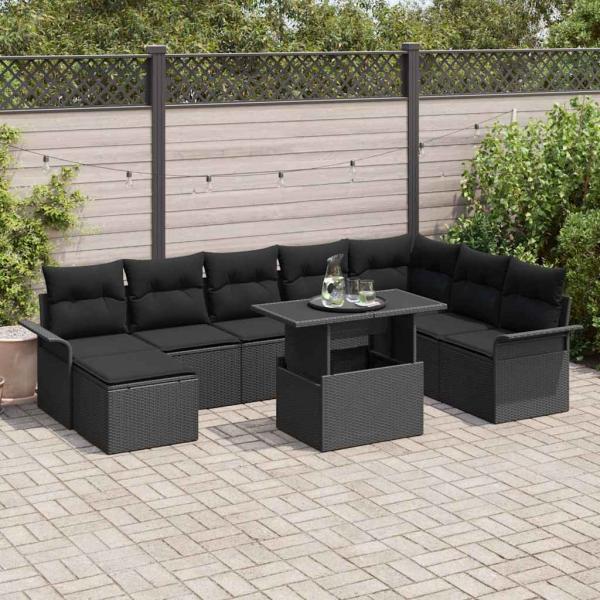 ARDEBO.de - 9-teiliges Garten-Sofaset mit Kissen in Schwarz aus Poly-Rattan