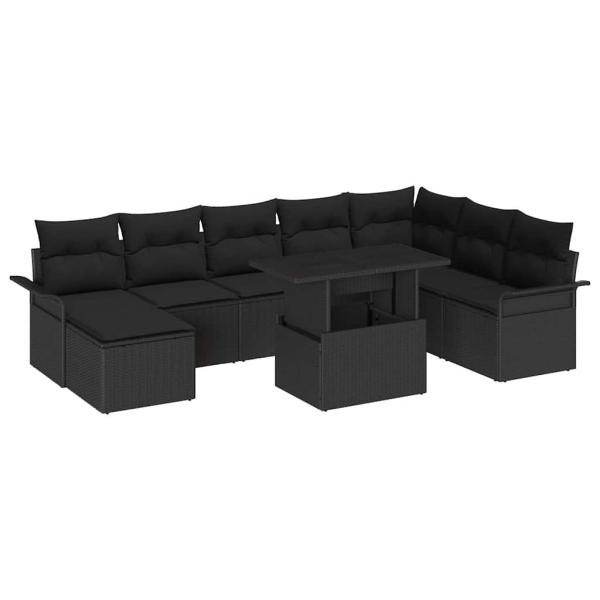 9-teiliges Garten-Sofaset mit Kissen in Schwarz aus Poly-Rattan