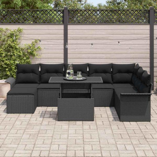9-teiliges Garten-Sofaset mit Kissen in Schwarz aus Poly-Rattan