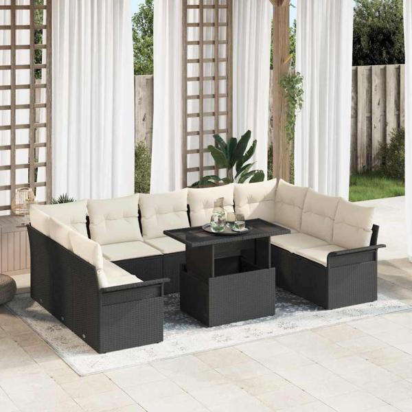 ARDEBO.de - 10-teiliges Garten-Sofa-Set mit Kissen Schwarz Poly-Rattan