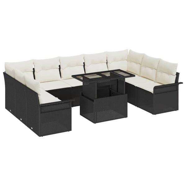 10-teiliges Garten-Sofa-Set mit Kissen Schwarz Poly-Rattan