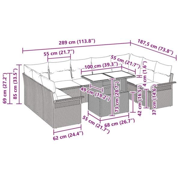 10-teiliges Garten-Sofa-Set mit Kissen Schwarz Poly-Rattan