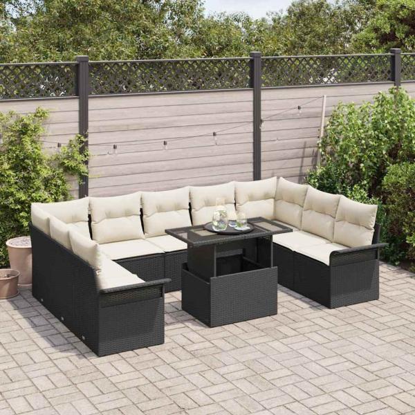 10-teiliges Garten-Sofa-Set mit Kissen Schwarz Poly-Rattan