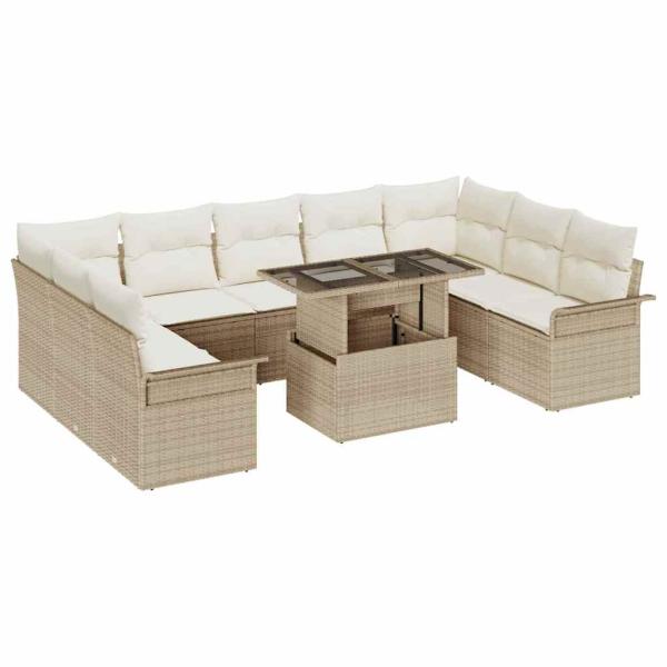 10-teiliges Gartensofa-Set mit Kissen Beige Poly Rattan