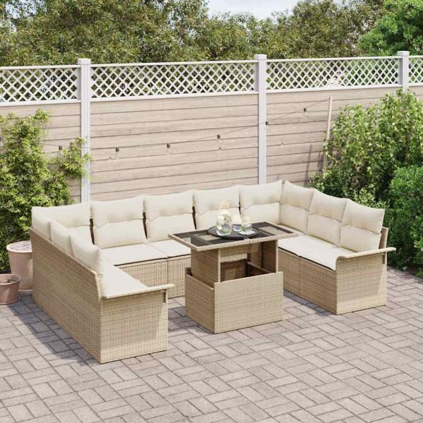 10-teiliges Gartensofa-Set mit Kissen Beige Poly Rattan