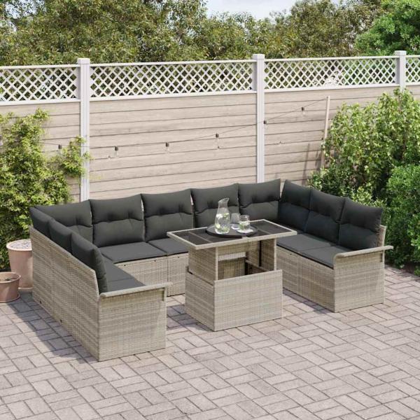 10-teiliges Garten-Sofa-Set mit Kissen hellgraues Poly-Rattan