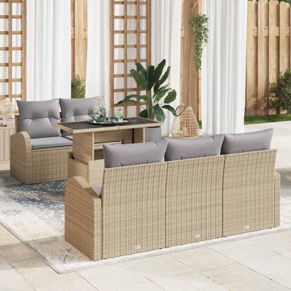 ARDEBO.de - 6-teiliges Garten-Sofa-Set mit Kissen Beige Poly-Rattan