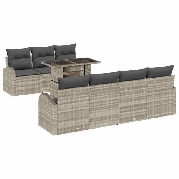 8-teiliges Garten Sofa Set mit Kissen Hellgrau Poly Rattan