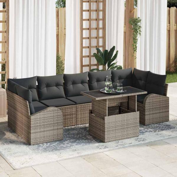 ARDEBO.de - 8-teiliges Garten Sofa Set mit Kissen Grau Poly Rattan