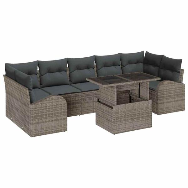 8-teiliges Garten Sofa Set mit Kissen Grau Poly Rattan
