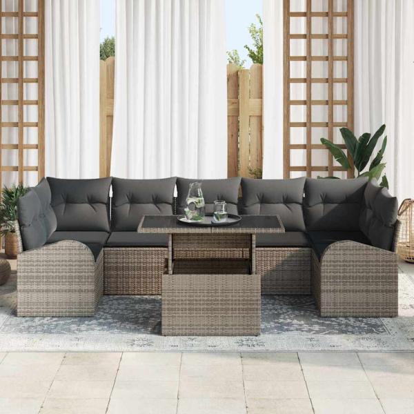 8-teiliges Garten Sofa Set mit Kissen Grau Poly Rattan