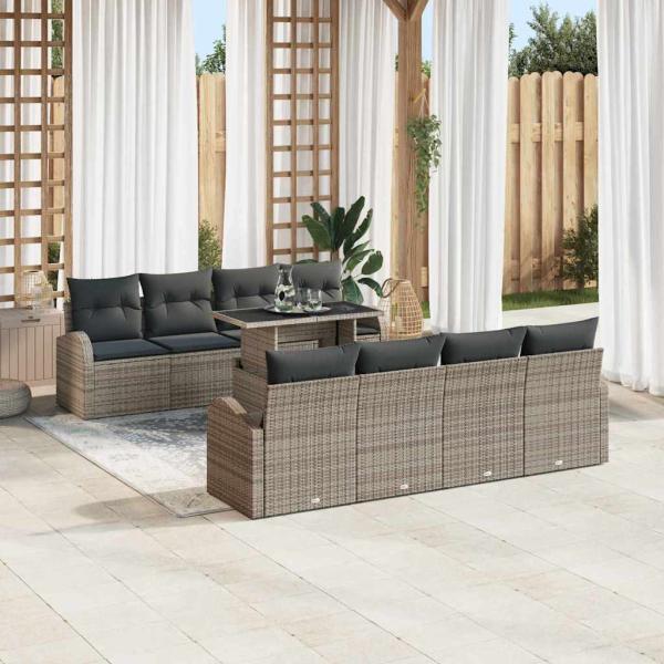 9-teiliges Garten Sofa Set mit Kissen Grau Poly Rattan