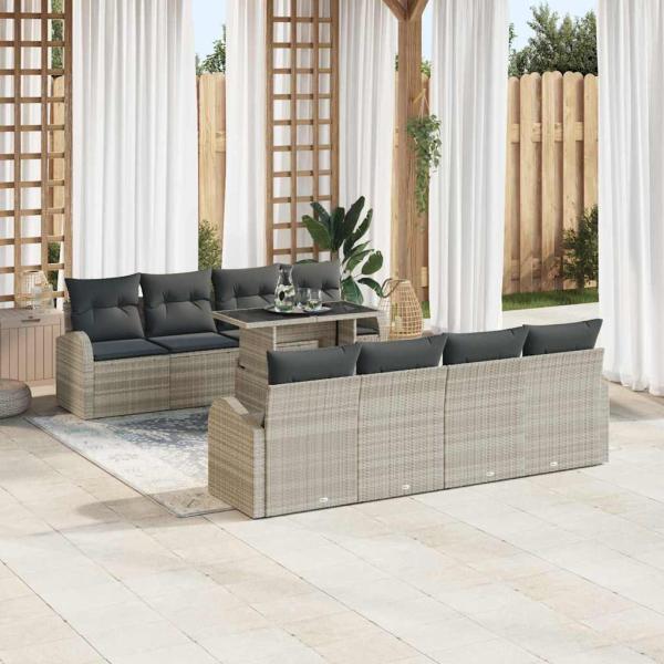 9-teiliges Garten Sofa Set mit Kissen Hellgrau Poly Rattan