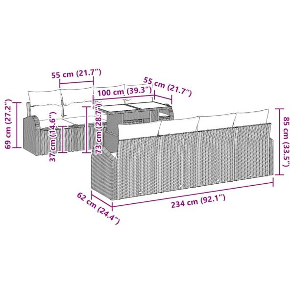 9-teilige Garten Sofa Set mit Kissen Schwarz Poly Rattan