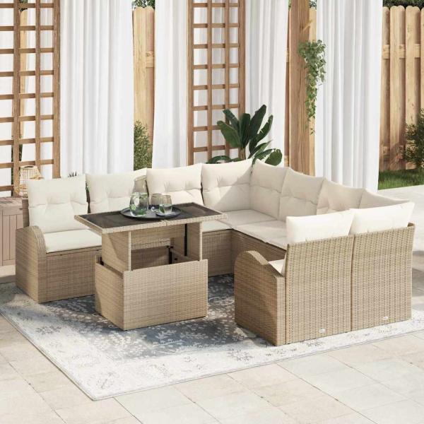 ARDEBO.de - 9-teiliges Garten Sofa Set mit Kissen Beige Poly Rattan