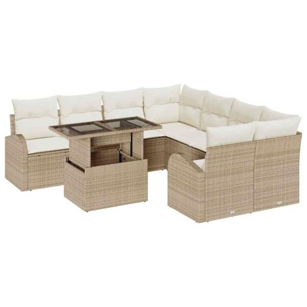 9-teiliges Garten Sofa Set mit Kissen Beige Poly Rattan