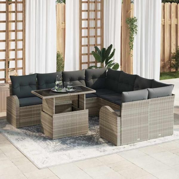 ARDEBO.de - 9-teiliges Garten Sofaset mit Kissen Hellgrau Poly-Rattan