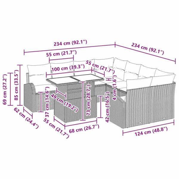 9-teiliges Garten Sofaset mit Kissen Hellgrau Poly-Rattan