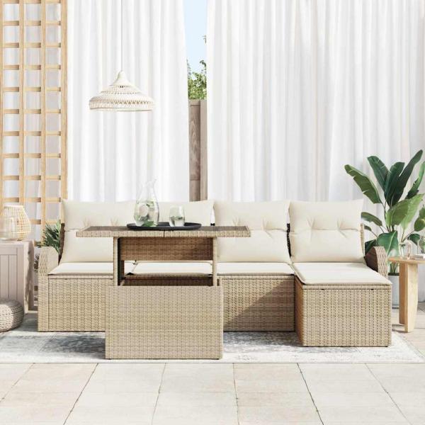 6-teiliges Garten Sofa Set mit Kissen Beige Poly Rattan