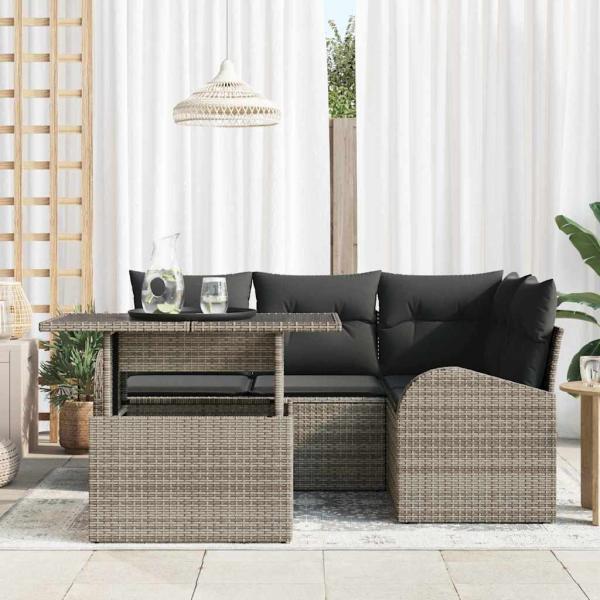 5-teiliges Garten-Sofa-Set mit Kissen Grau Poly Rattan