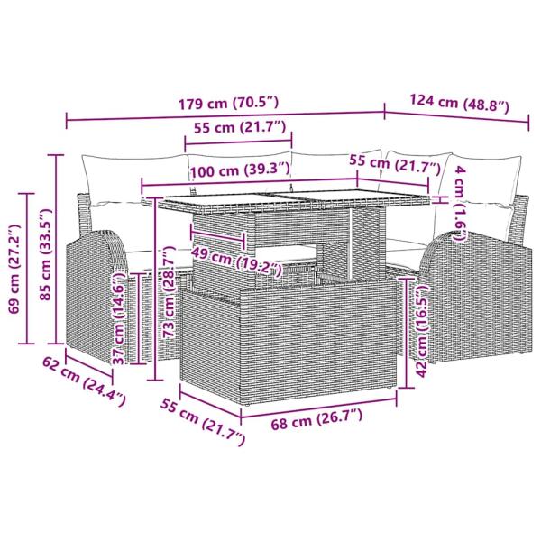 5-teiliges Garten-Sofa-Set mit Kissen Grau Poly Rattan