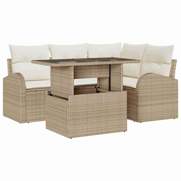 5-teiliges Garten-Sofa-Set mit Kissen Beige Poly Rattan