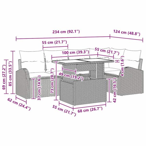 6-teiliges Garten Sofa Set mit Kissen Braun Poly Rattan