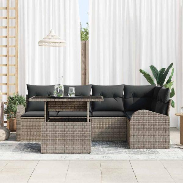 6-teiliges Garten-Sofa-Set mit Kissen Grau Poly Rattan