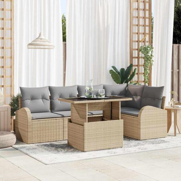 ARDEBO.de - 6-teiliges Garten-Sofa-Set mit Kissen Beige Poly-Rattan