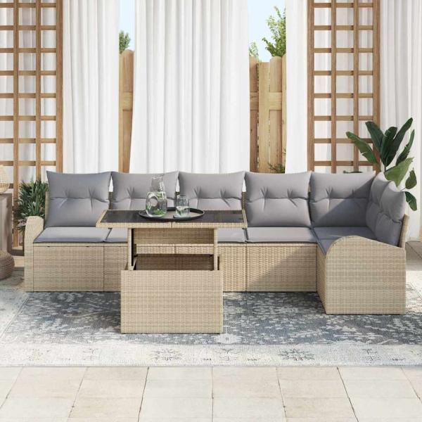 7-teiliges Garten Sofa Set mit Kissen Beige Poly Rattan