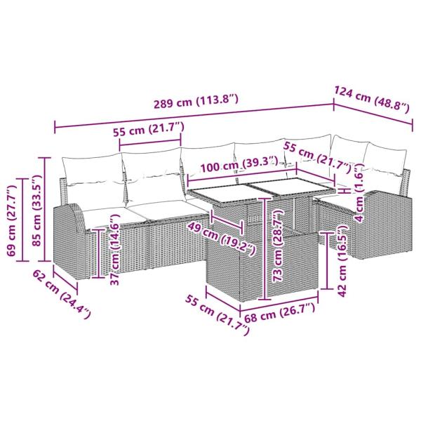 7-teiliges Garten Sofa Set mit Kissen in Hellgrau aus Poly Rattan