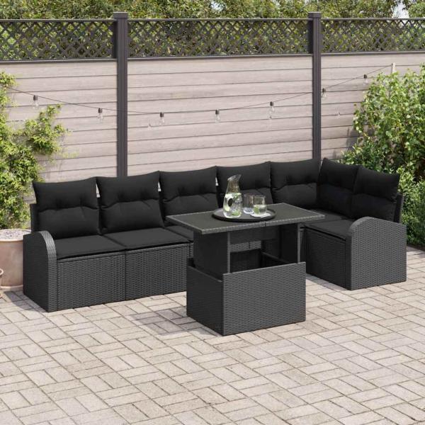 ARDEBO.de - 7-teiliges Garten Sofa Set mit Kissen Schwarz Poly Rattan