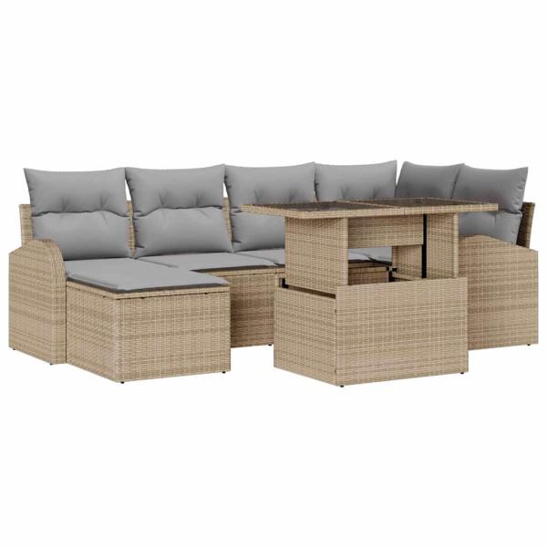 7-teiliges Garten Sofa Set mit Kissen Beige Poly Rattan