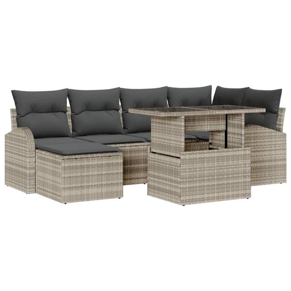 7-teiliges Garten Sofa Set mit Kissen Hellgrau Poly Rattan