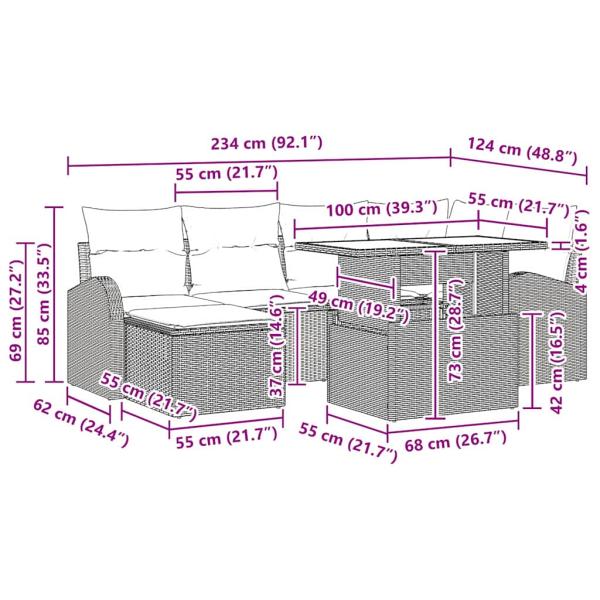 7-teiliges Garten Sofa Set mit Kissen Hellgrau Poly Rattan
