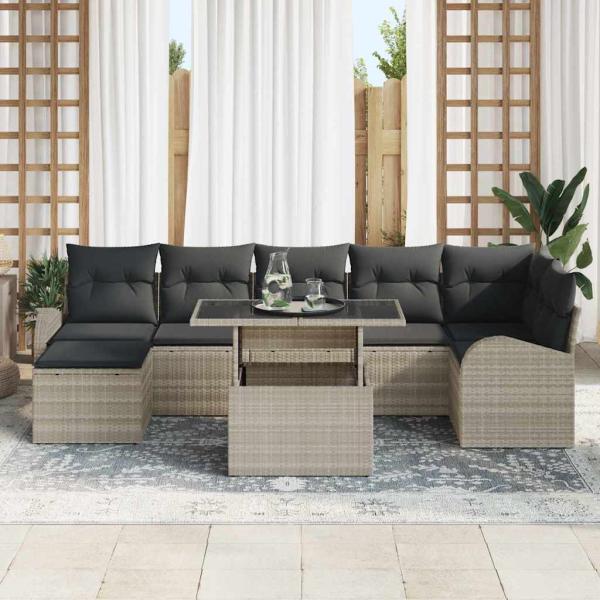 8-teiliges Garten Sofaset mit Kissen in Hellgrau aus Poly Rattan