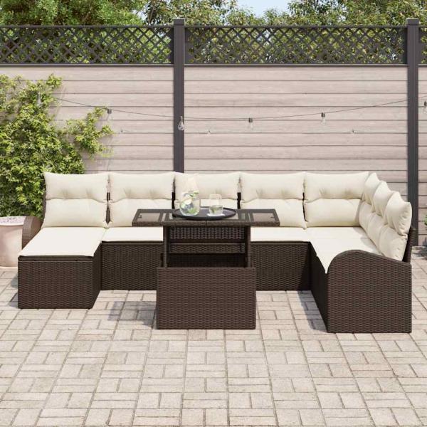 9-teiliges Garten-Sofa-Set mit Kissen Braun Poly-Rattan