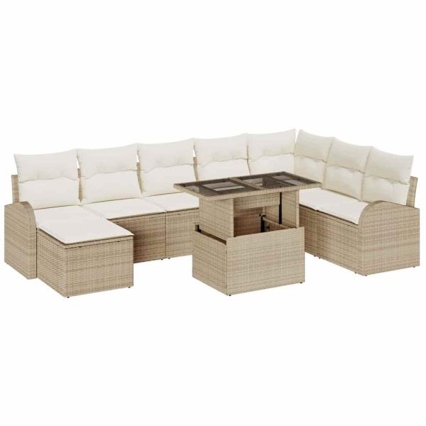 9-teiliges Garten Sofa Set mit Kissen Beige Poly Rattan