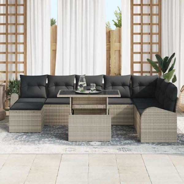 9-teiliges Garten Sofa Set mit Kissen Hellgrau Poly Rattan