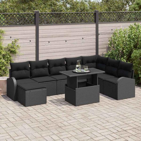 ARDEBO.de - 9 Teiliges Garten Sofa Set mit Kissen Schwarz Poly Rattan
