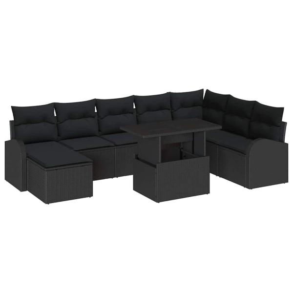 9 Teiliges Garten Sofa Set mit Kissen Schwarz Poly Rattan